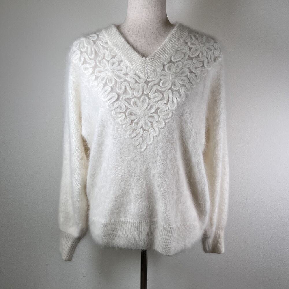 Connie A Lee Angora Sweater White‎ Women's Small/Medium Soft Knit Lace Detail